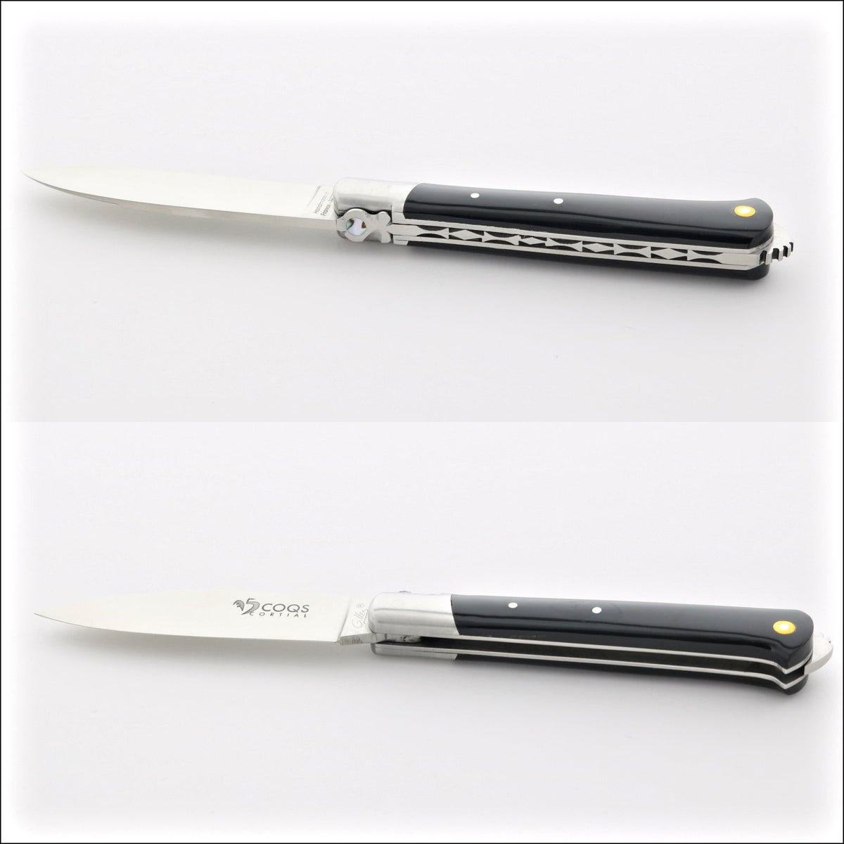 5 Coqs Pocket Knife - Black Horn Tip &amp; Mother of Pearl Inlay