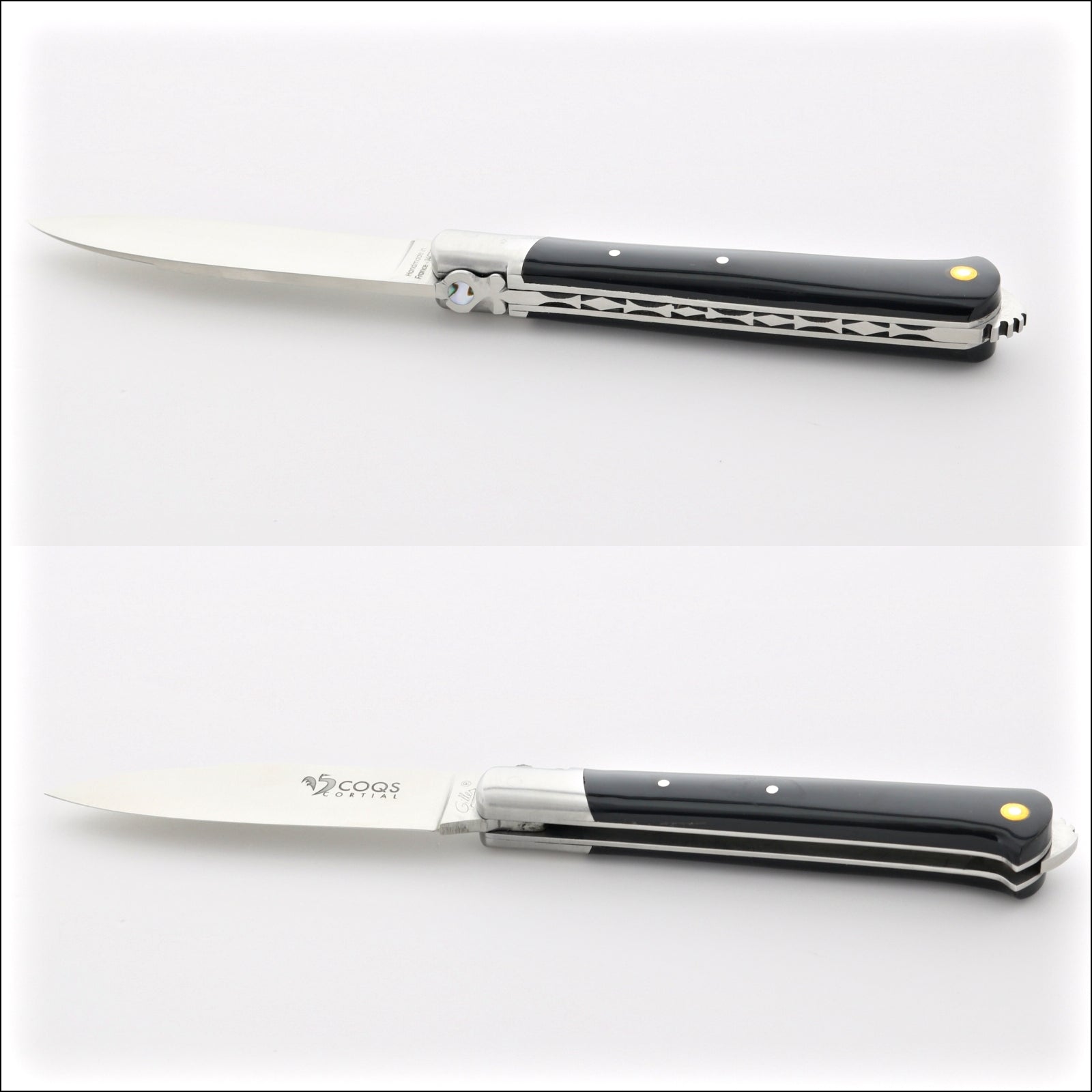 5 Coqs Pocket Knife - Black Horn Tip & Mother of Pearl Inlay