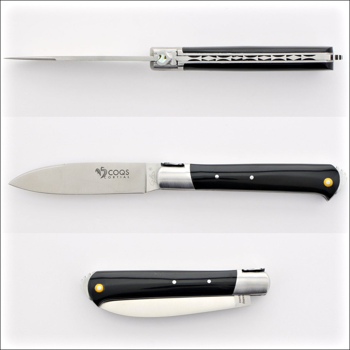 5 Coqs Pocket Knife - Black Horn Tip &amp; Mother of Pearl Inlay