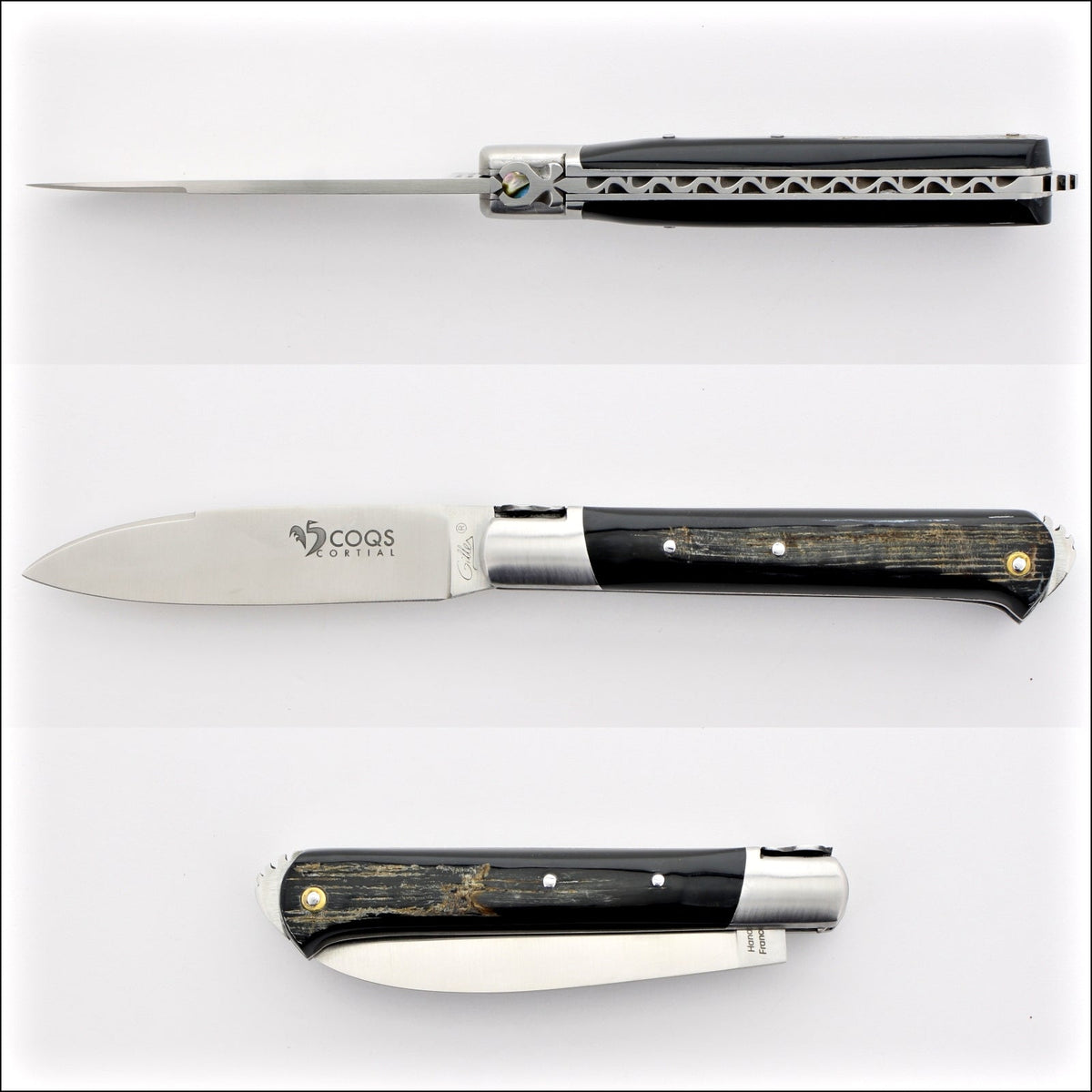 5 Coqs Pocket Knife - Buffalo Bark Handle &amp; Mother of Pearl Inlay