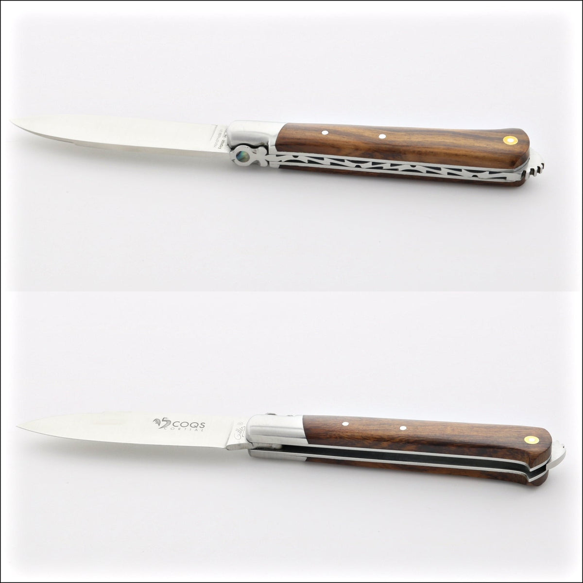 5 Coqs Pocket Knife - Desert Ironwood Handle &amp; Mother of Pearl Inlay