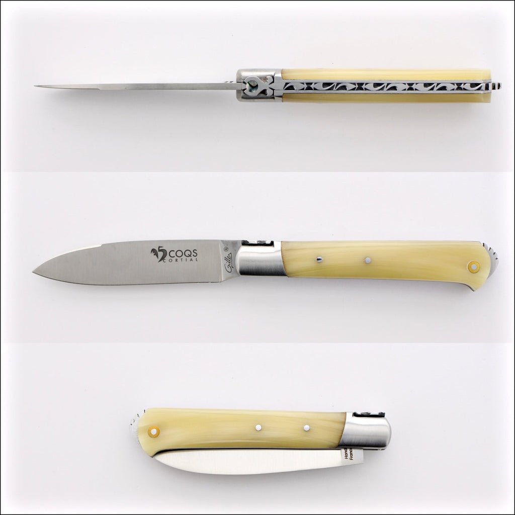 5 Coqs Pocket Knife - Ram Horn & Mother of Pearl Inlay - Laguiole Imports