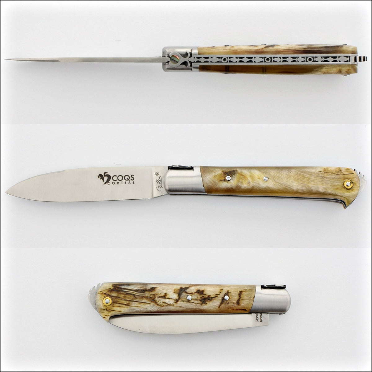 5 Coqs Pocket Knife - Ram Horn &amp; Mother of Pearl Inlay