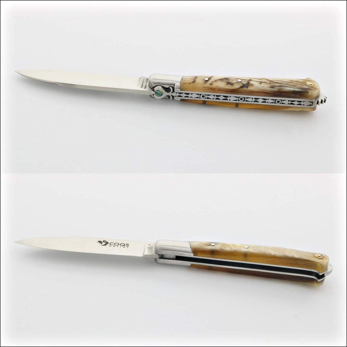 5 Coqs Pocket Knife - Ram Horn &amp; Mother of Pearl Inlay