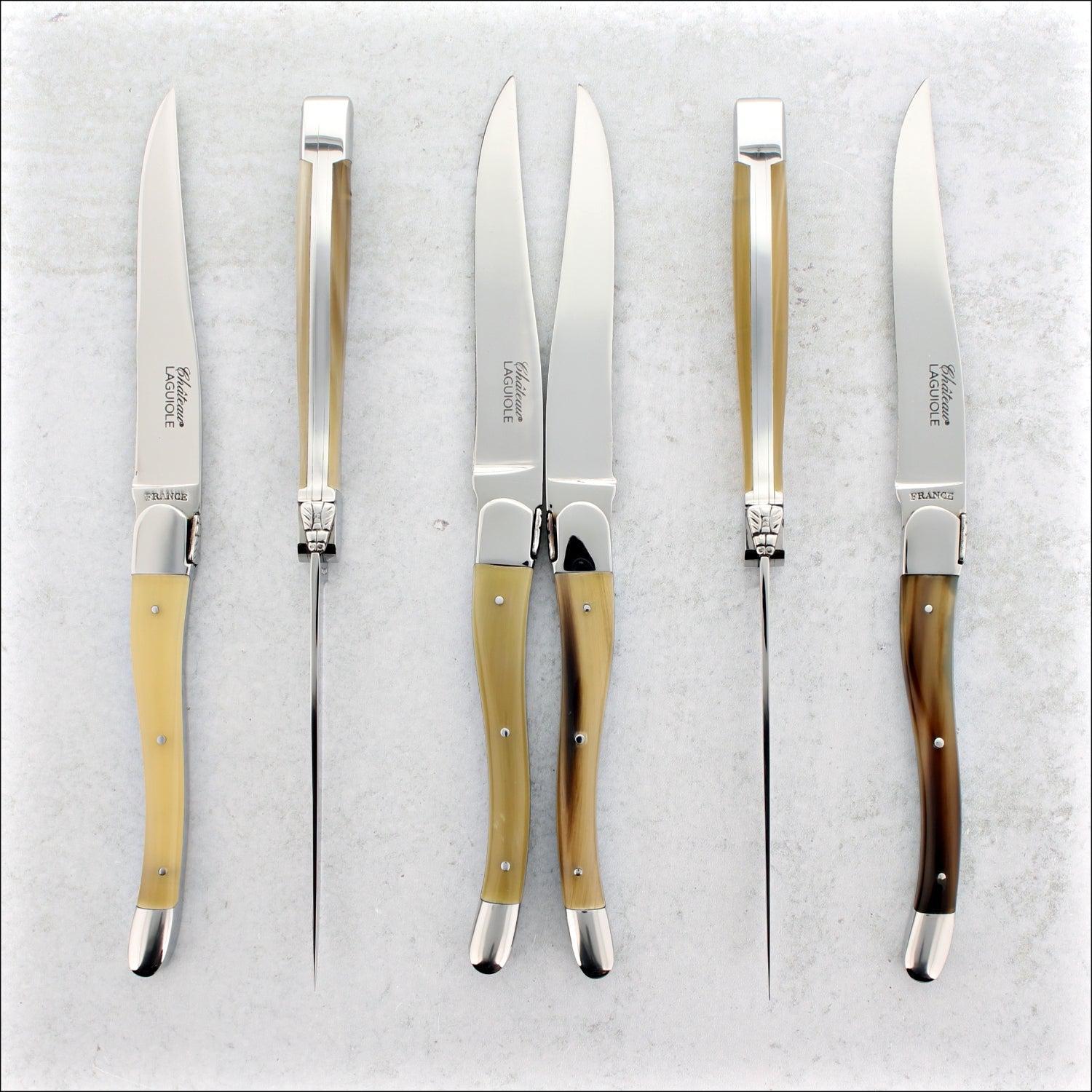 Straight Edge Stag Steak Knife Set  Set of 4 Stag Antler Handle Flat Edge  Steak Knives