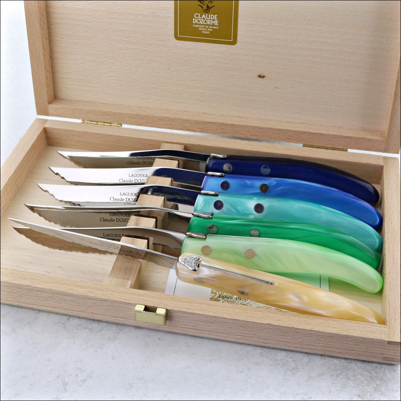 Claude Dozorme Laguiole Steak Knives - Set of 6 -Blue-Green