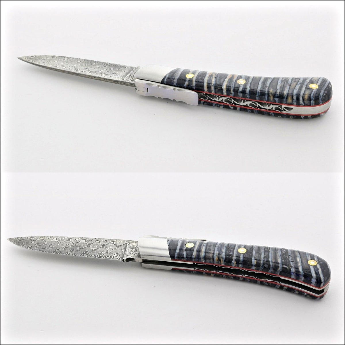 Corsican L&#39;Antò Guilloché Damascus Blade Mammoth Tooth Midnight Black &amp; Blue