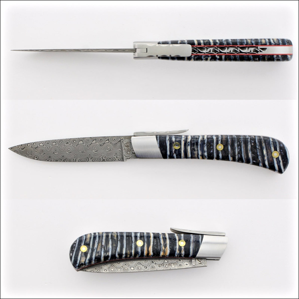 Corsican L&#39;Antò Guilloché Damascus Blade Mammoth Tooth Midnight Black &amp; Blue