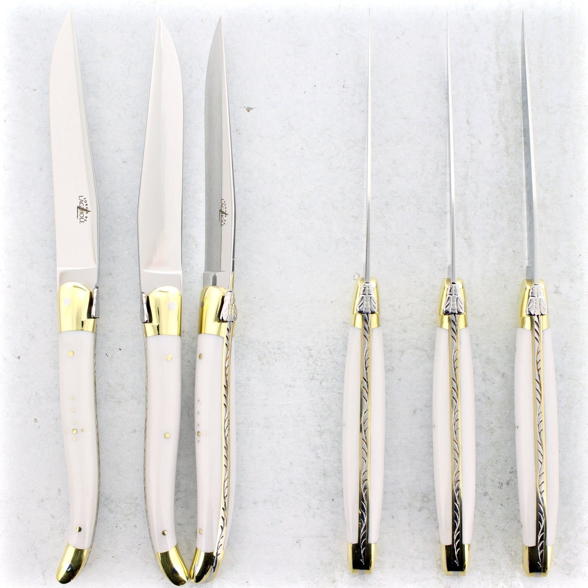 Forge de Laguiole Steak Knives Brass Bolsters - White