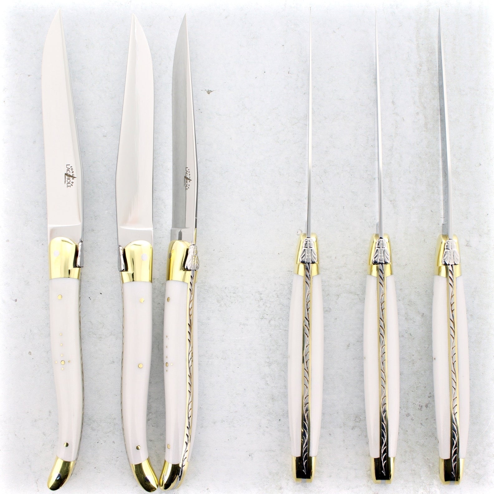 Forge de Laguiole Steak Knives Brass Bolsters - White