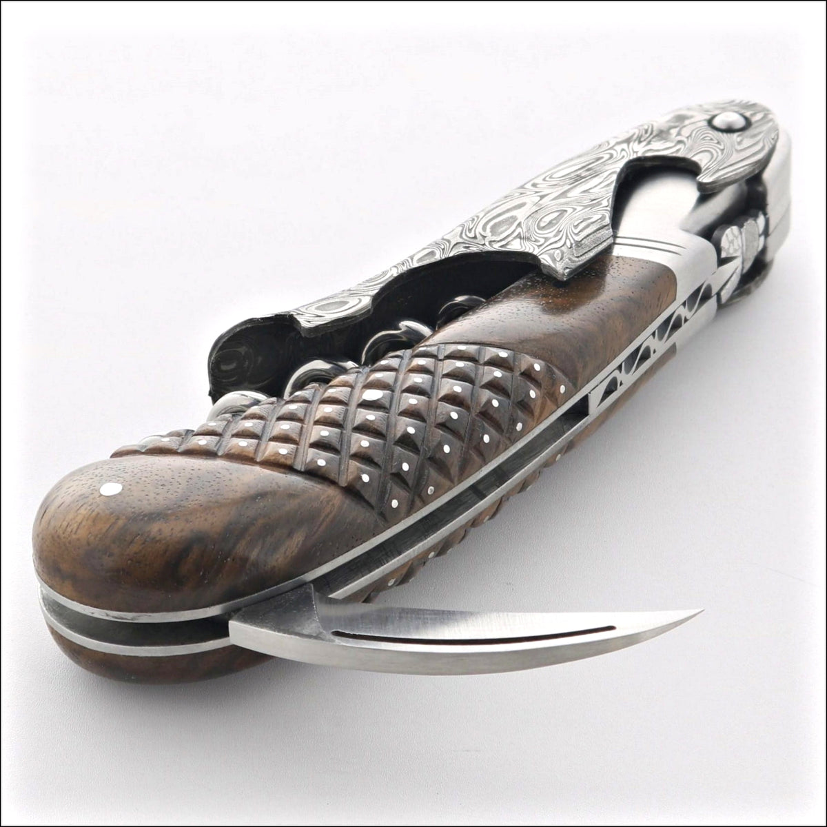 Laguiole Magnum Damascus Studded Burled Walnut Corkscrew