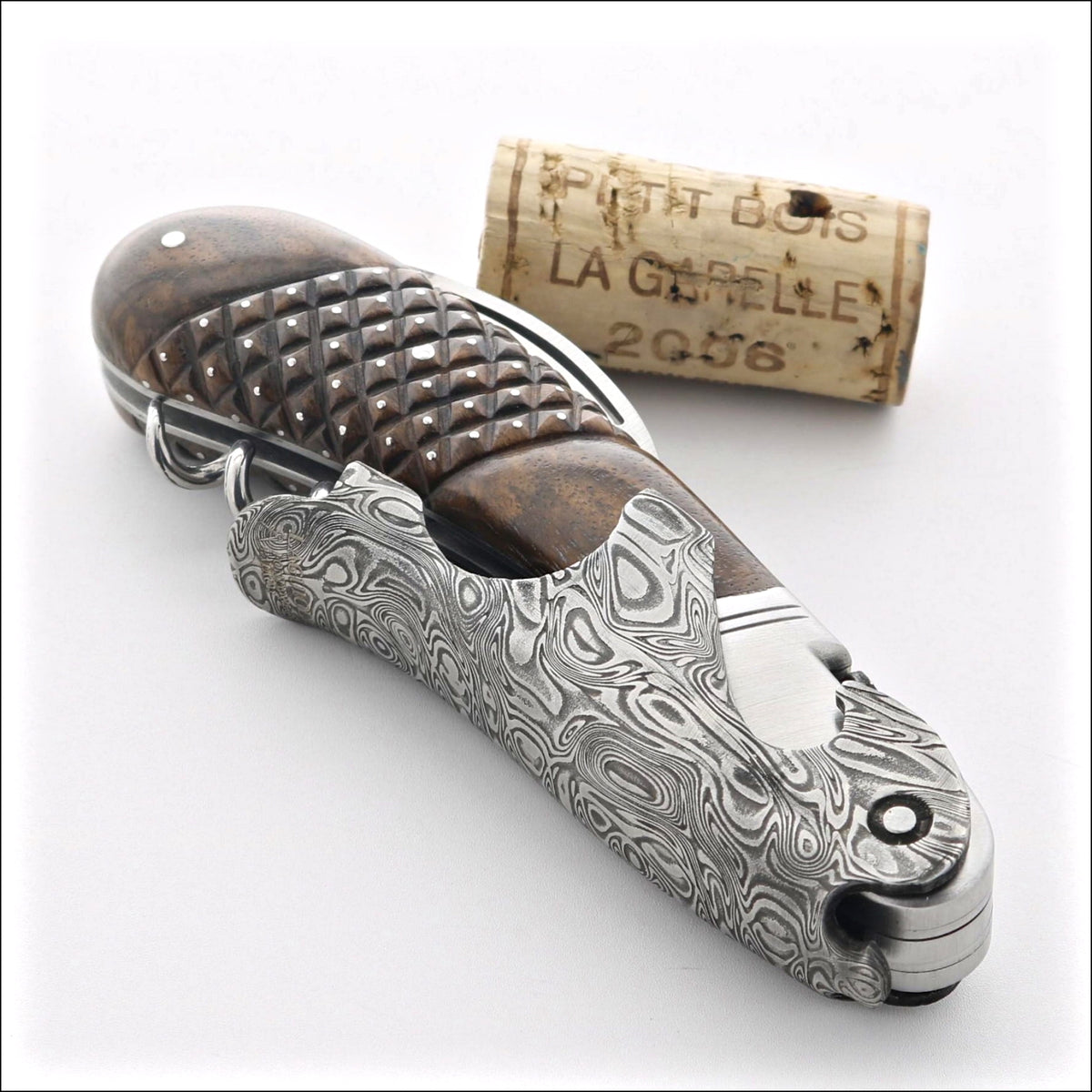 Laguiole Magnum Damascus Studded Burled Walnut Corkscrew