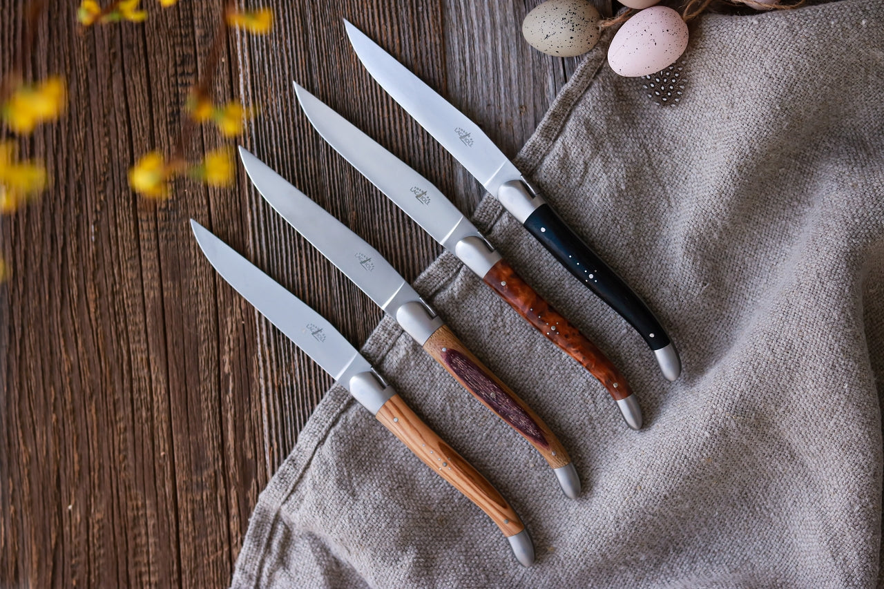 Laguiole knife, 12 cm, Birchwood handle and satin finish with stainless  steel bolsters