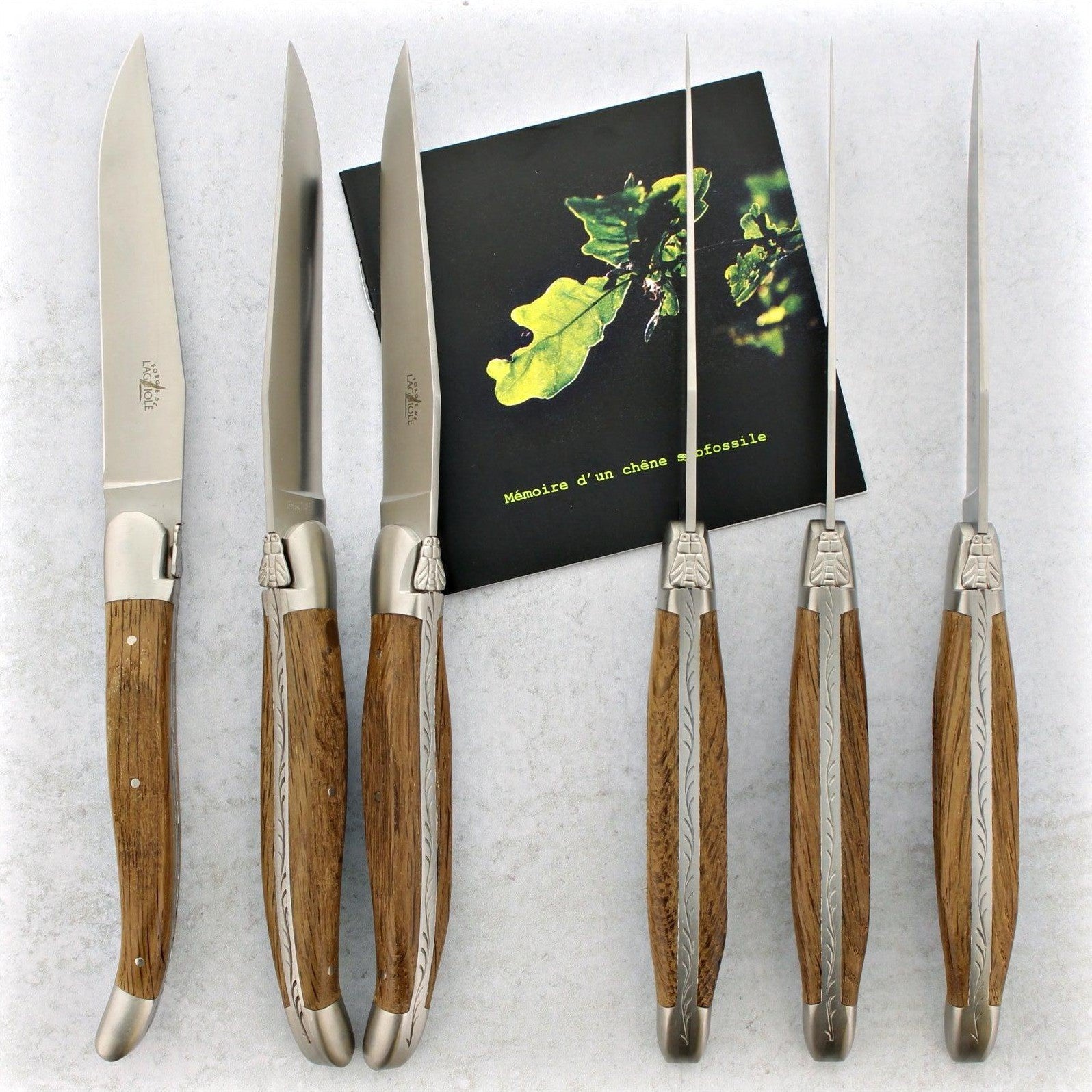 Set of 6 laguiole steak knives with Yew wood handle and stainless steel  bolsters