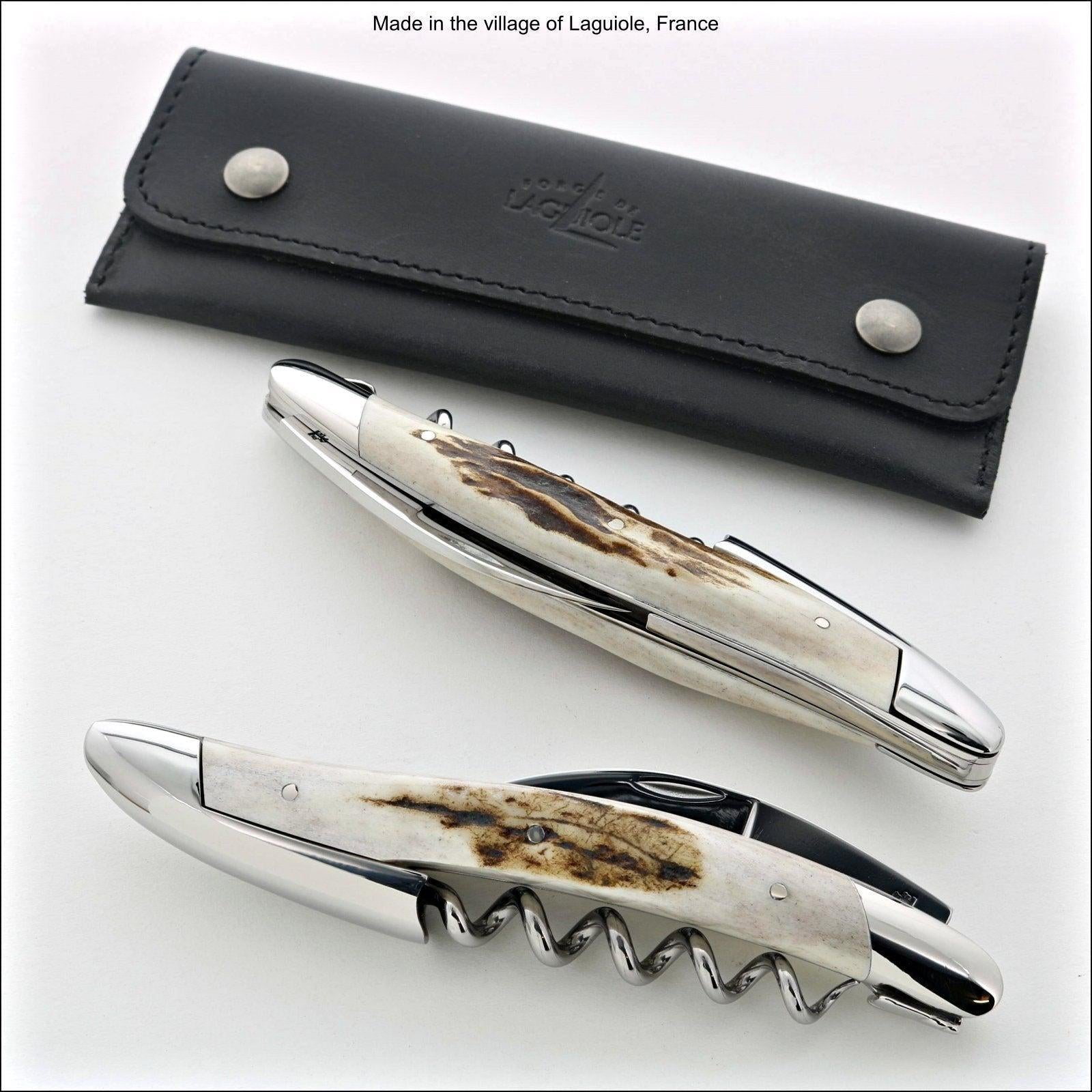 Laguiole pocket knife with Ebony Wood handle and brass bolsters, corkscrew