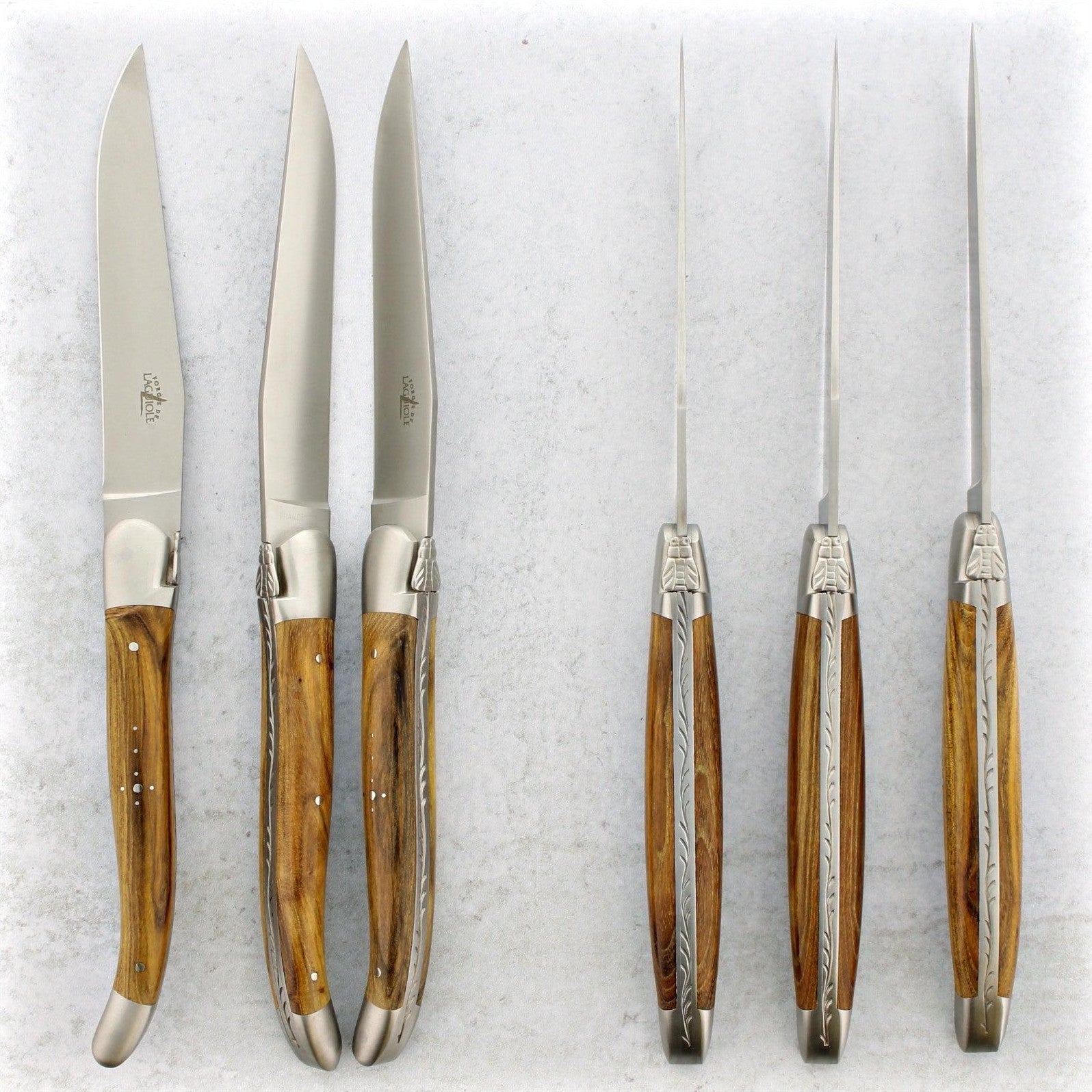 Set of 6 laguiole steak knives with olive wood handle and stainless steel  bolsters