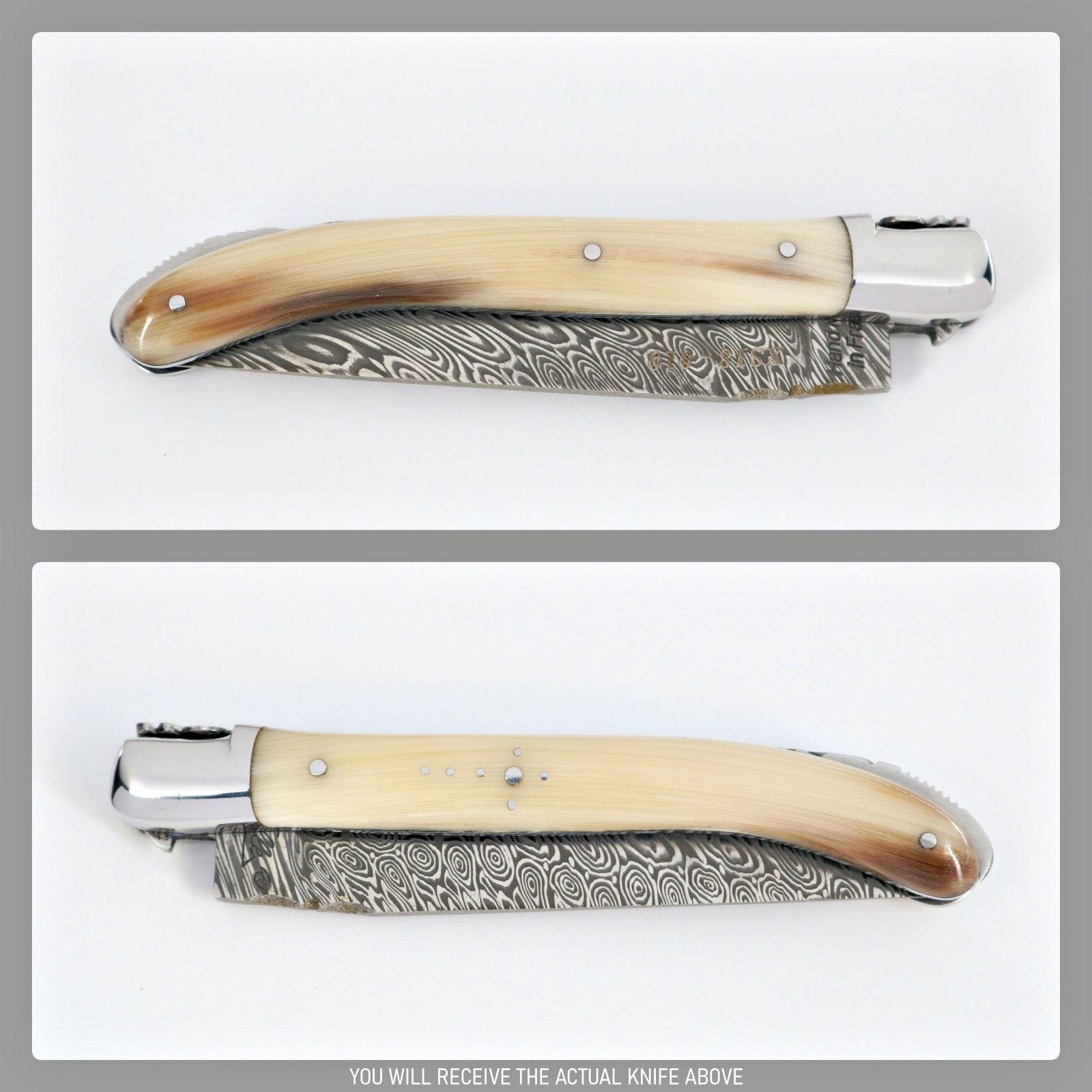 Laguiole XS Damascus Pocket Knife Horn Tip Handle-POCKET KNIFE